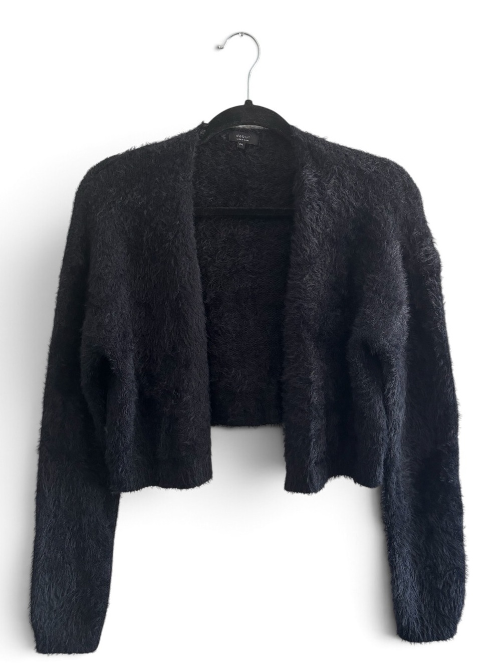 Debut Black Fuzzy Eyelash Open Front Cropped Cardigan M/L Soft Cozy